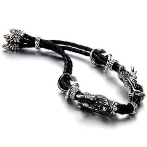 Stainless Steel Mens Dragon Bracelet Interwoven with Black Genuine Leather Strap